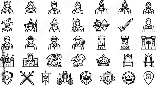Foto Medieval Kingdom and Fantasy Fairy Tale Line Icon Set featuring Castle Knights R