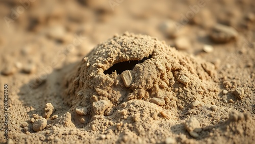 A detailed anthill in sandy soil with a single claw mark.