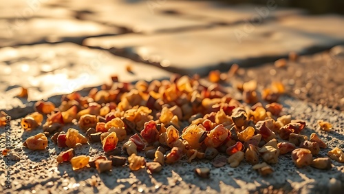 Dried grape pomace fragments scattered on sunlit stone slabs.
