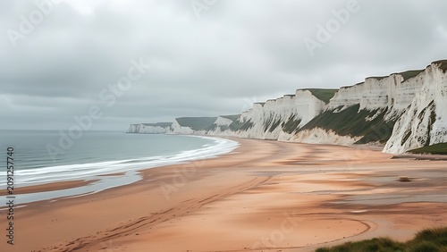 Dover white cliffs and expansive coastline, overcast weather, cinematic landscape.