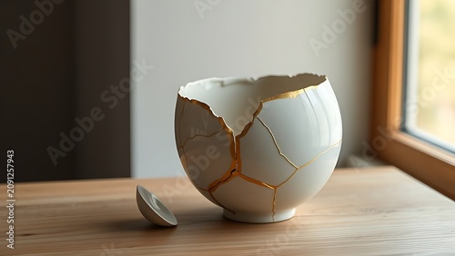 A broken ceramic vase repaired with golden lines on a simple wooden surface.