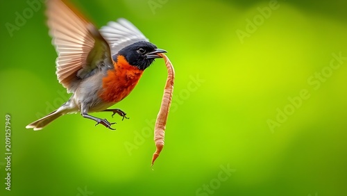 Close-up of a robin in flight holding an earthworm in its beak.