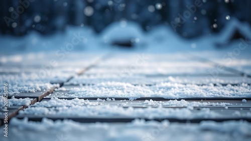 Snow-covered wooden surface with falling flakes illuminated by soft blue winter light.