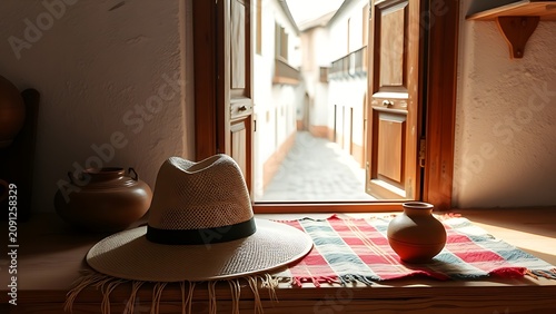andean. Ecuador Independence Day kitchen surface with Panama hat on Andean textile, earthenware pot, Quito colonial street view, event programs.
