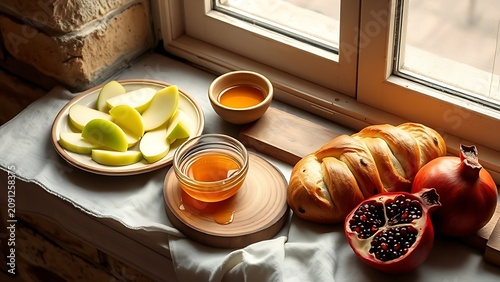 Windowsill with sliced apples, honey, challah, and pomegranate on linen.