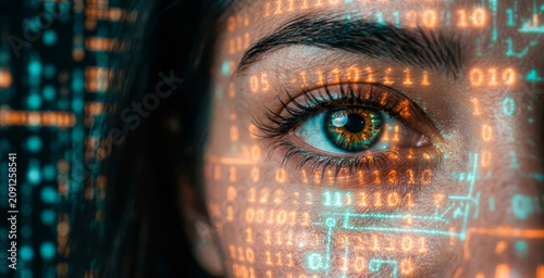 Close-up of an eye with digital data and binary code overlay, symbolizing technology, vision, and the fusion of human perception with artificial intelligence.