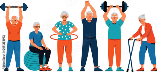 Canvastavla Active senior citizens exercising and staying fit with workout equipment healthy
