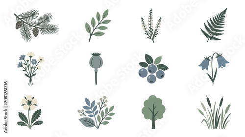 Bild auf Leinwand Industrial Minimalist Line Art Collection of 12 Botanical Elements in Earthy Gre
