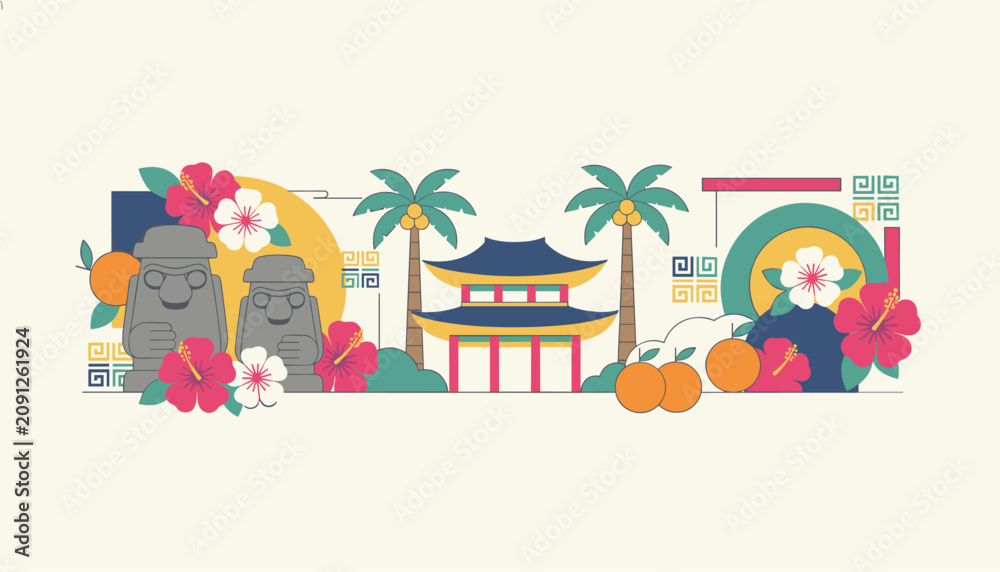Naklejka premium Beautiful travel banner of Jeju Island featuring stone statues, a traditional temple, palm trees, and hibiscus flowers.