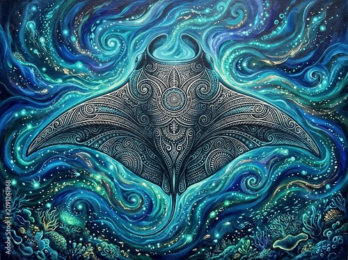 Abstract manta ray swimming through vibrant waves in ocean  