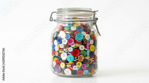Glass mason jar filled with a large collection of assorted colorful plastic sewing buttons