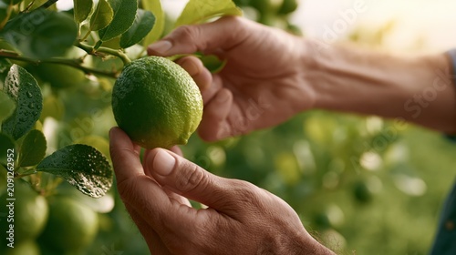 Hands carefully picking a ripe green lime from a citrus tree branch