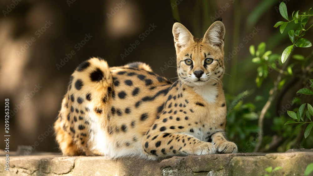 Obraz premium Serval cat resting on stone wall with green foliage background