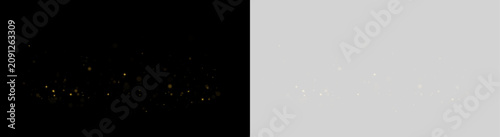 Bright festive glitter fills the air with glowing gold dust and sparkling transparent particles. Radiant bokeh softens composition while magical stars add elegant brilliance. Vector illustration png.