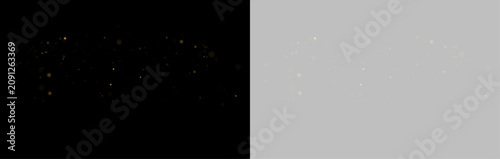 Atmospheric glitter magic dust explosion. Realistic gold sparkles blast texture set. Cinematic shiny bokeh glowing burst on background. Vector PNG illustration.