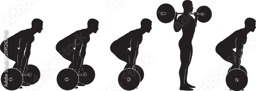 Weightlifting and deadlift workout black silhouettes, men exercising with barbell in gym vector graphics.