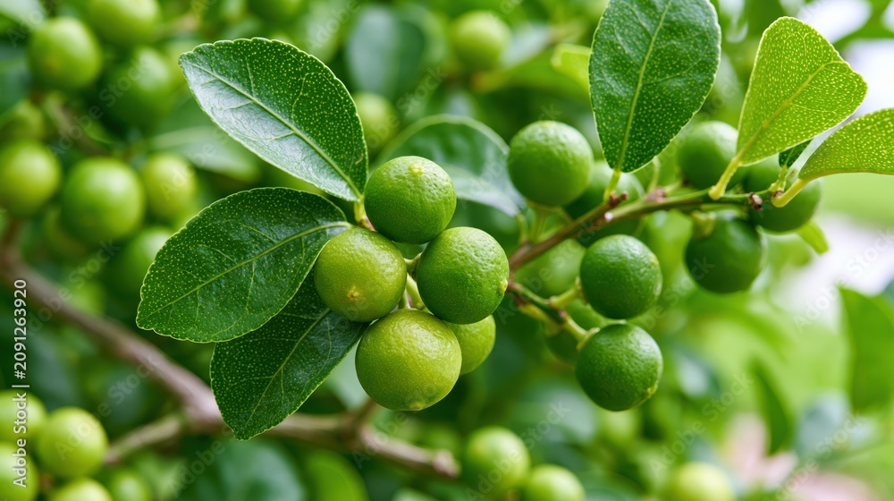 Fototapeta premium Tiny green key limes clustered on branches with vibrant leaves in sunlight