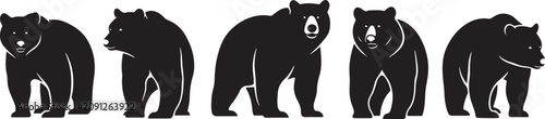 Fotografie Wild bear silhouettes set of five grizzly and black bears walking and standing forest animal vector graphics