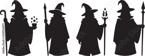 Obraz na plátně Wizard silhouettes with staffs and magic effects wizardry fantasy characters isolated on checkered background