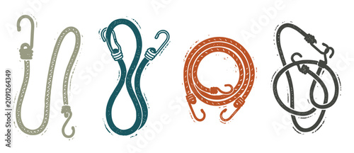 Set of bungee cord illustrations with distressed texture and hooks, in various colors. Ideal for camping, cargo securing, and utility design projects