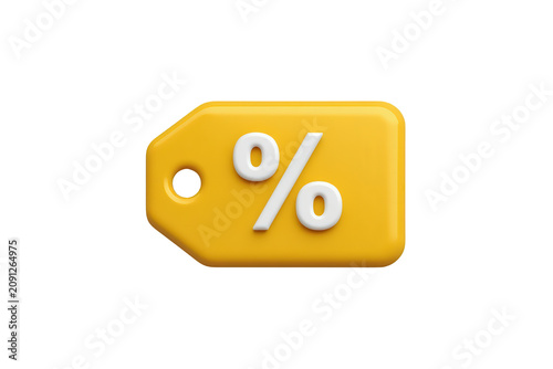 Yellow 3d discount tag with percentage symbol representing sales, offers, promotions, and special pricing on transparent background