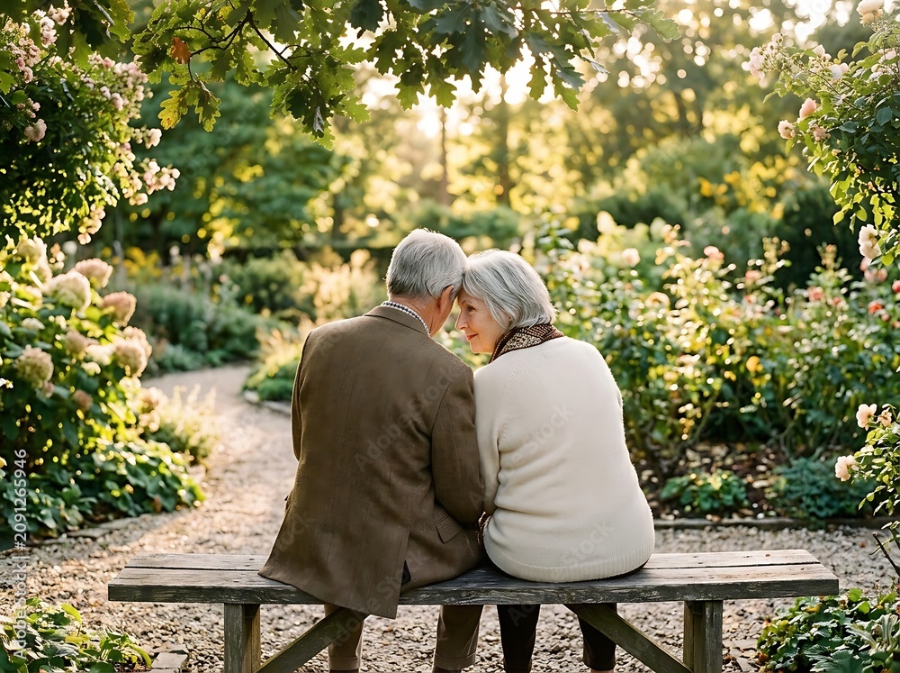 Fototapeta premium Senior couple sitting together on a bench in a beautiful blooming garden pathway