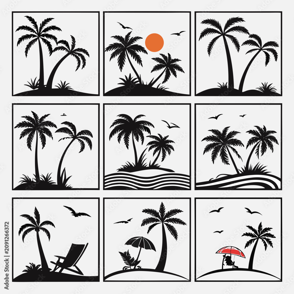 Fototapeta premium Collection of tropical island beach scenes with palm trees silhouettes, ocean waves, flying birds, sun, and beach furniture like lounge chairs and umbrellas, illustrating leisure.