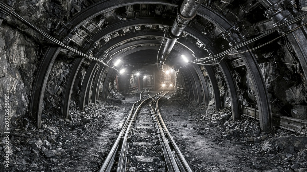 Obraz premium Mineral Mine Tunnel: Metal Tracks, Industrial Pipes, Dim Lighting