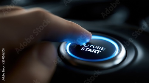 A finger presses a glowing blue start button labeled future start. Conceptual image for innovation and tech.