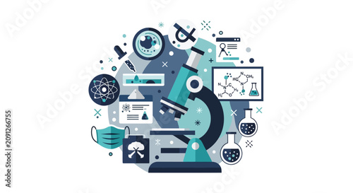 Scientific Research and Laboratory Equipment Flat Vector Illustration Concept with Microscope, Flasks, Atoms, and Chemical Formulas