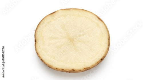 Single raw potato slice showing starch texture on white background