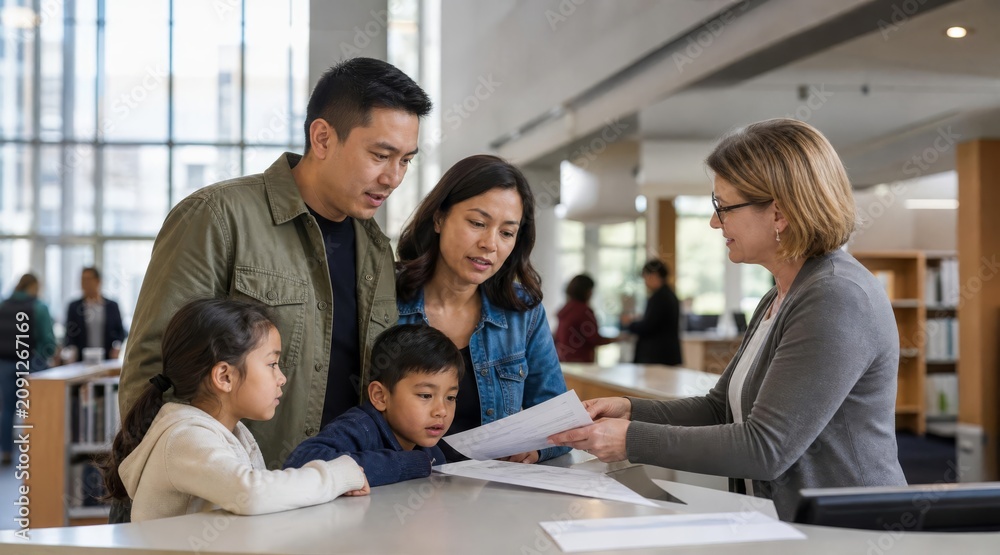 Fototapeta premium Librarian assisting family with passport application
