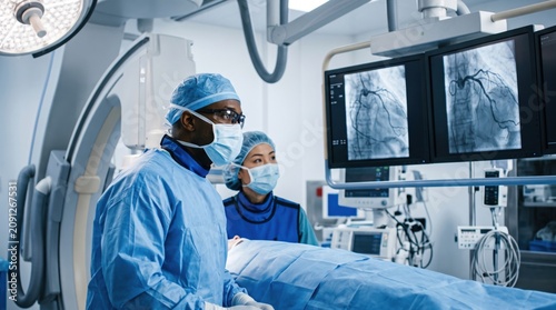 Surgeon and assistant nurse reviewing angiogram on monitor during cardiac surgery in hospital operating room. Medical team monitoring patient heart health data in modern surgical unit.