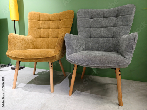 Bild auf Leinwand A chic set of grey and yellow armchairs for your living room, available in the h