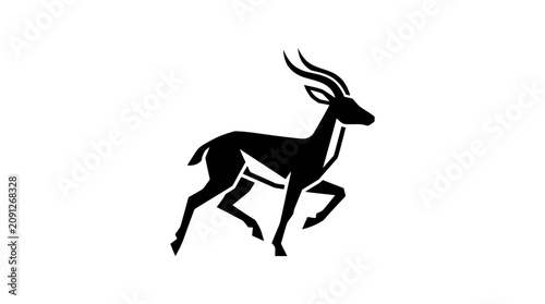 Black silhouette of running antelope on white background