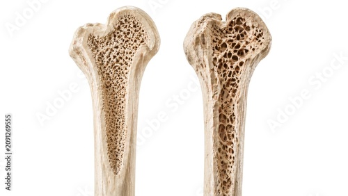 Healthy and osteoporotic human bone cross section comparison porous trabecular structure detailed medical anatomy isolated on white background