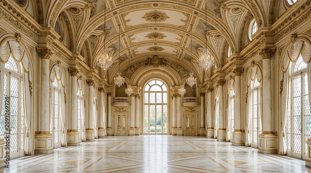 Obraz premium Luxurious Baroque Style Empty Ballroom with Ornate Details and Chandeliers