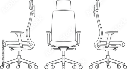 Foto Ergonomic mesh office chair technical drawings showing front and side views with