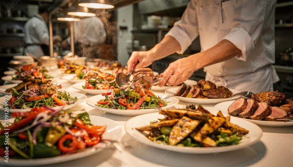 Obraz premium Closeup medium shot of a chef arranging buffetstyle dishes on a long table highlighting colorful servings with outoffocus kitchen staff in the background.