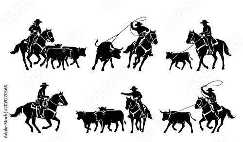 Tableau sur toile Cowboy horseback cattle herding silhouette collection vector for western ranch d