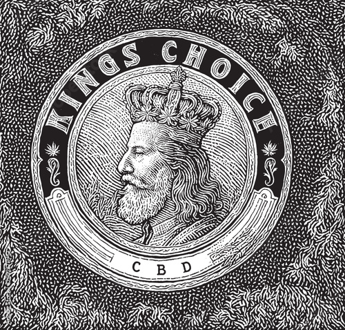 Vintage King Portrait Medallion Emblem for CBD Brand on Detailed Texture Background