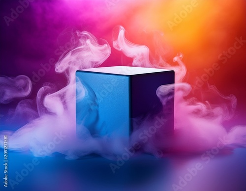 vibrant color gradient smoke surrounds a luminous blue cube positioned centrally against a dynamic backdrop of purple orange and pink hues