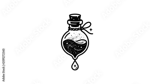 Hand drawn glass potion bottle with cork and ribbon