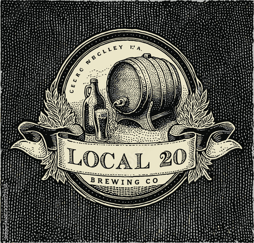 Vintage Craft Brewery Logo Badge with Beer Barrel and Ribbon on Dark Textured Background