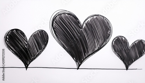 black marker pen scribble hearts on white background
