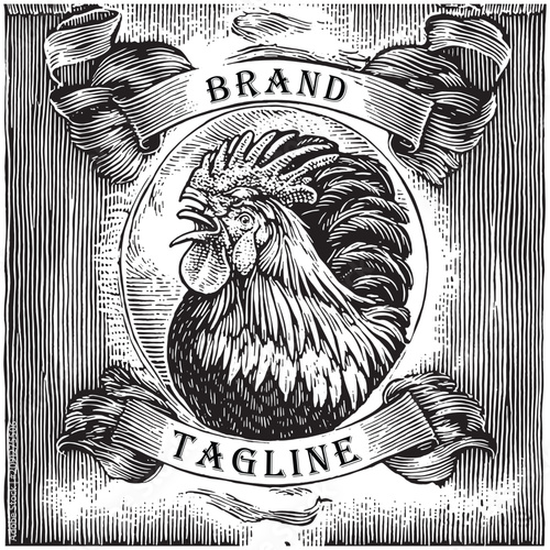 Vintage Crowing Rooster Emblem with Retro Scroll Ribbon Frame