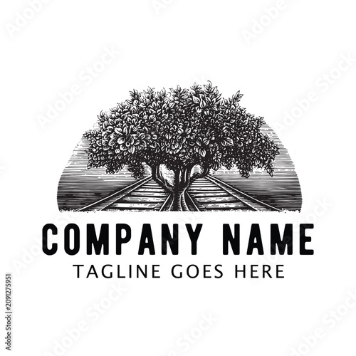 Vintage Tree Growing on Railroad Track Logo Template