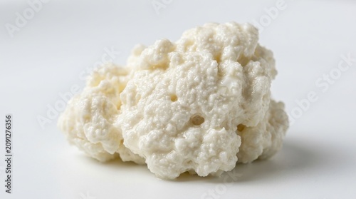 Close-up of Fresh Milk Kefir Grains on White Background. Probiotic Cultures for Healthy Fermented Dairy Products and Gut Health Benefits.