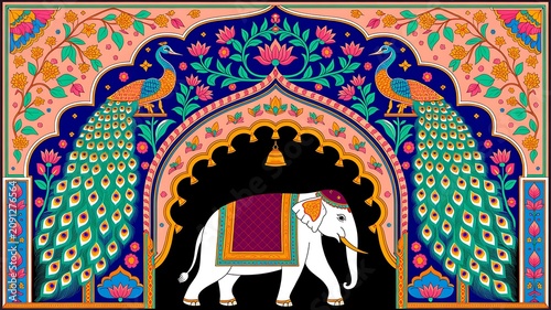 Indian elephants in the town seamless pattern. Ethnic wallpaper.