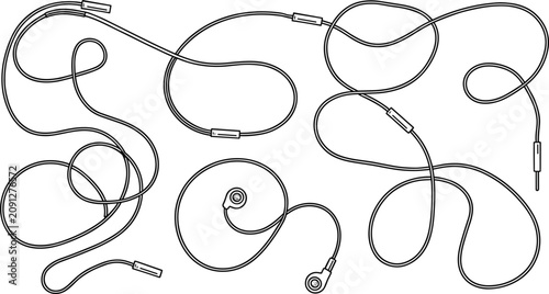 Foto Tangled wired earphones and messy connection cables with black outline vector pa